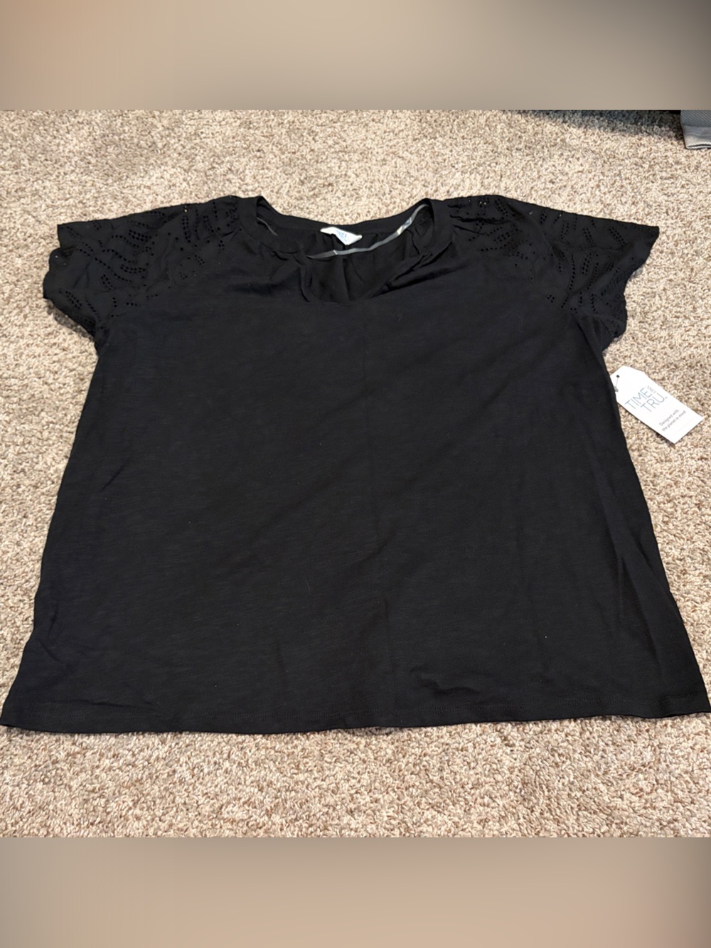 NWT Black Women's Eyelet Shoulder Tee - Classic Short Sleeve Top